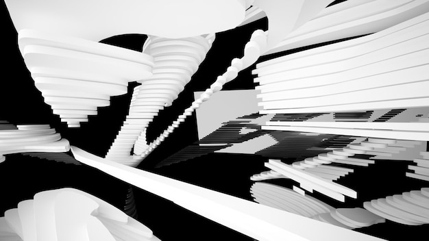 Abstract white and black interior multilevel public space with window 3D illustration and rendering