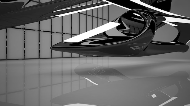 Abstract white and black interior multilevel public space with window 3D illustration and rendering