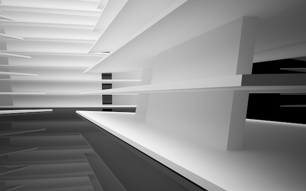 Abstract white and black interior multilevel public space with window. 3D illustration and rendering