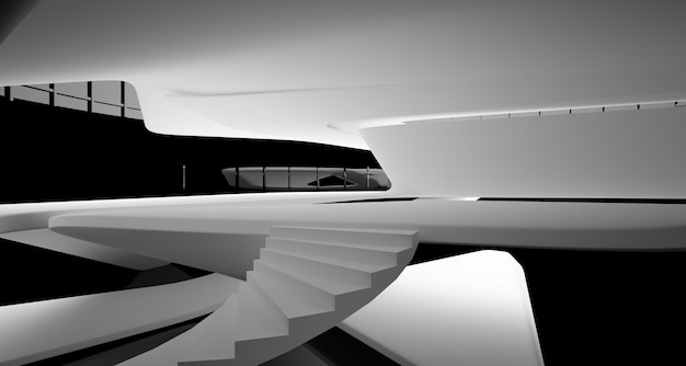 Abstract white and black interior multilevel public space with window 3D illustration and rendering