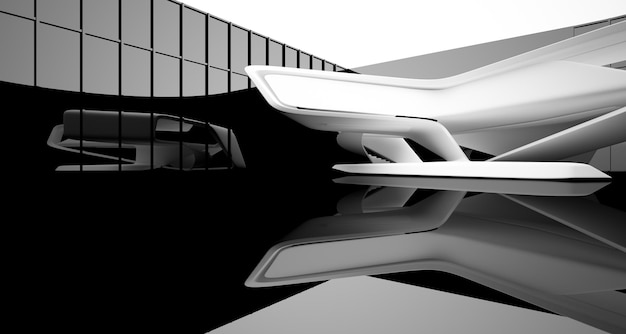 창 3D 그림 및 렌더링이 있는 추상 흰색 및 검은색 내부 다단계 공용 공간