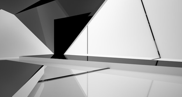窓の3Dイラストとレンダリングを備えた抽象的な白と黒のインテリアマルチレベルパブリックスペース