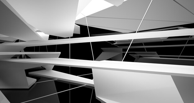 Abstract white and black interior multilevel public space with window 3D illustration and rendering