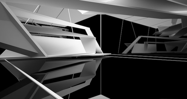 Abstract white and black interior multilevel public space with window 3D illustration and rendering