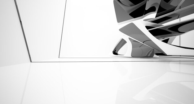 Abstract white and black interior multilevel public space with window 3D illustration and rendering