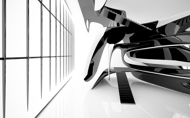 Abstract white and black interior multilevel public space with window 3D illustration