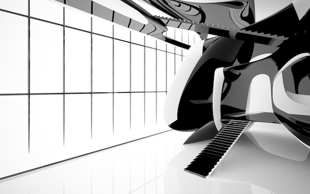 Abstract white and black interior multilevel public space with window 3D illustration