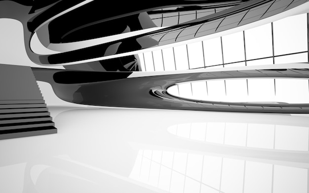 Abstract white and black interior multilevel public space with window 3D illustration