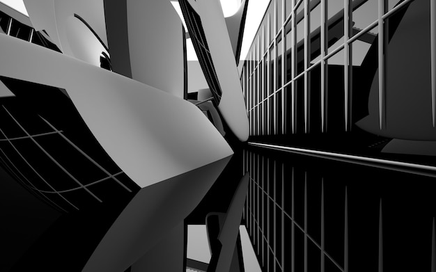 Abstract white and black interior multilevel public space with window 3D illustration