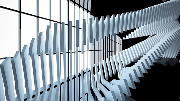 Abstract white and black interior multilevel public space with window 3D illustration