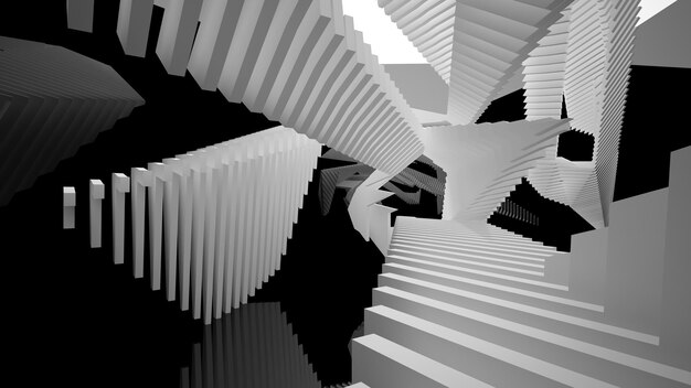 ウィンドウの 3 D イラストと抽象的な白と黒のインテリア マルチレベル パブリック スペース