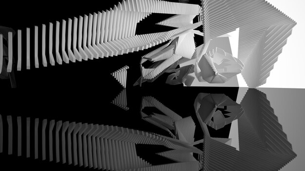 Abstract white and black interior multilevel public space with window 3D illustration