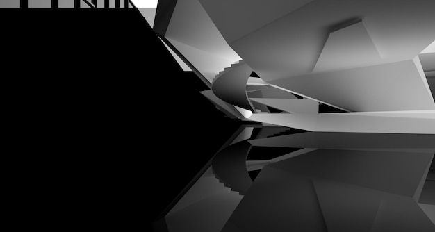 Абстрактное бело-черное внутреннее многоуровневое общественное пространство с трехмерной иллюстрацией окна