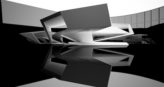 창 3D 일러스트와 함께 추상 흰색과 검은색 내부 다단계 공용 공간