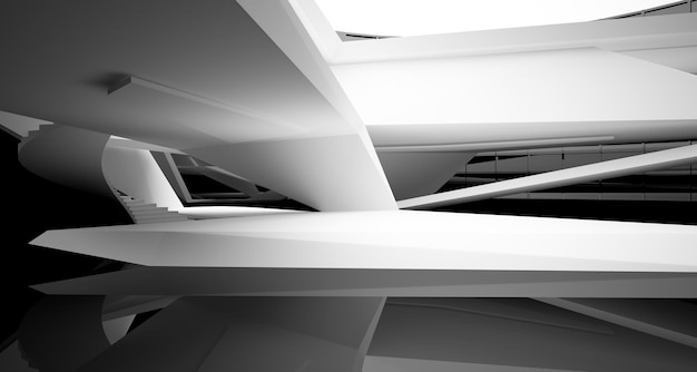 Абстрактное бело-черное внутреннее многоуровневое общественное пространство с трехмерной иллюстрацией окна