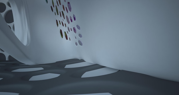 Абстрактный белый и черный гладкий параметрический интерьер с оконной 3D иллюстрацией и рендерингом