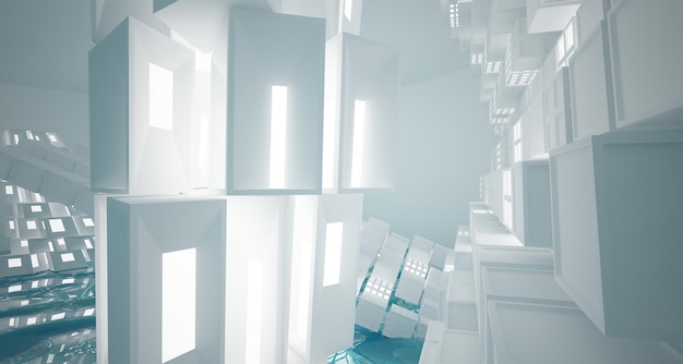 Photo abstract white and blue water parametric interior with window 3d illustration and rendering