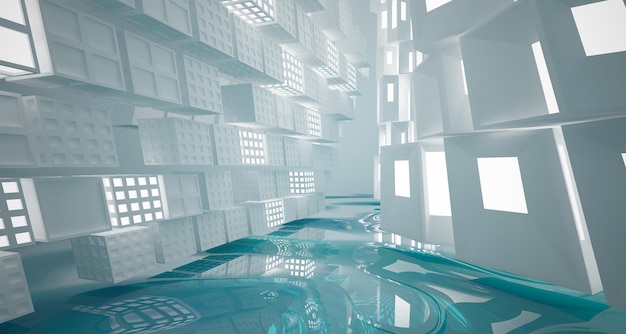 Abstract white and blue water parametric interior with window 3D illustration and rendering