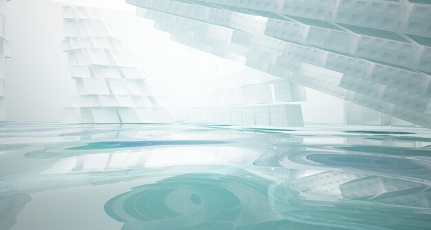 Abstract white and blue water parametric interior with window 3D illustration and rendering