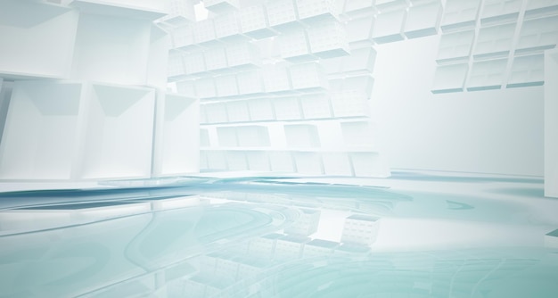 Abstract white and blue water parametric interior with window 3D illustration and rendering