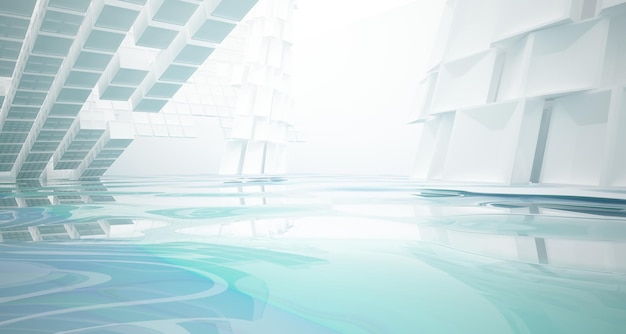 Abstract white and blue water parametric interior with window 3D illustration and rendering