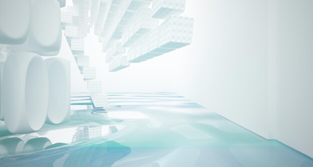 Abstract white and blue water parametric interior with window 3D illustration and rendering