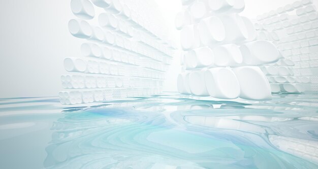 Abstract white and blue water parametric interior with window 3d illustration and rendering