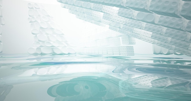 Abstract white and blue water parametric interior with window 3D illustration and rendering