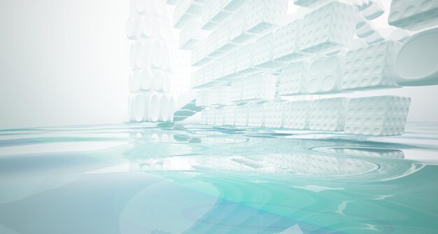 ウィンドウの 3 D イラストとレンダリングと抽象的な白と青の水パラメトリック インテリア