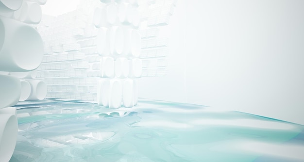 Abstract white and blue water parametric interior with window 3D illustration and rendering