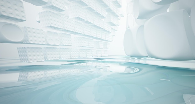 Abstract white and blue water parametric interior with window 3D illustration and rendering
