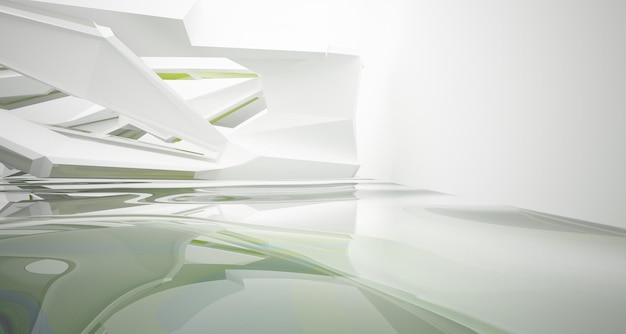 Abstract white and blue water parametric interior with window 3D illustration and rendering