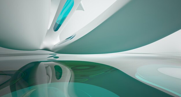 Abstract white and blue water parametric interior with window 3D illustration and rendering