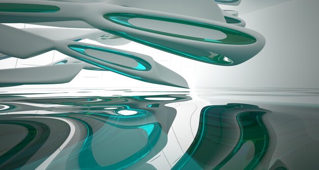 Abstract white and blue water parametric interior with window 3D illustration and rendering