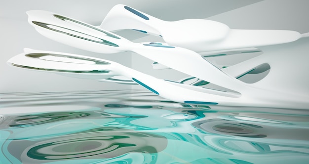 Abstract white and blue water parametric interior with window 3D illustration and rendering
