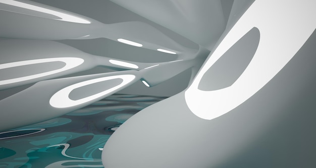 Abstract white and blue water parametric interior with window 3D illustration and rendering