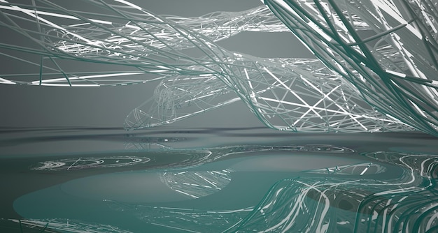 Абстрактный параметрический интерьер белой и голубой воды с оконной 3D иллюстрацией и рендерингом