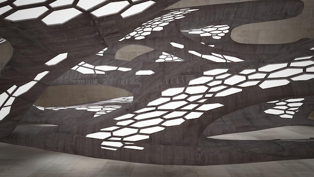 Abstract white and brown concrete parametric interior with window 3D illustration and rendering