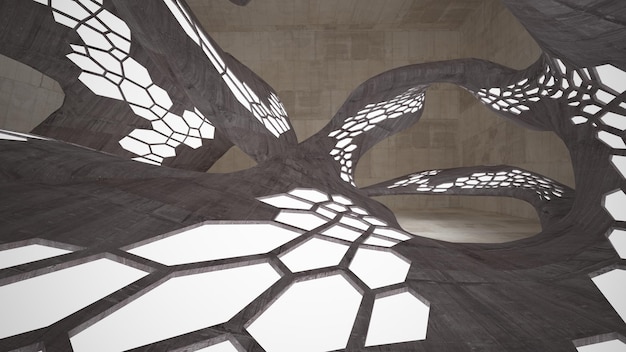 Абстрактный белый и коричневый бетонный параметрический интерьер с оконной 3D иллюстрацией и рендерингом