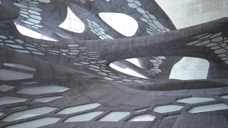Photo abstract white and brown concrete parametric interior with window 3d illustration and rendering