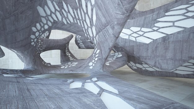 Abstract white and brown concrete parametric interior with window 3D illustration and rendering