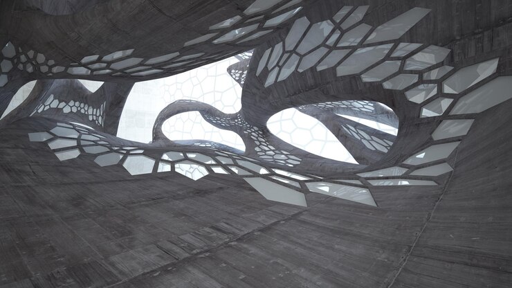 Photo abstract white and brown concrete parametric interior with window 3d illustration and rendering
