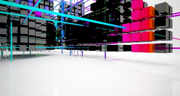 Abstract white and colored gradient glasses interior from array cubes with large window 3D