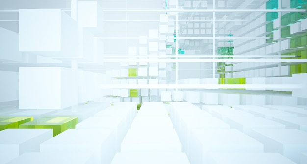 Abstract white and colored gradient glasses interior from an array of cubes with window 3D