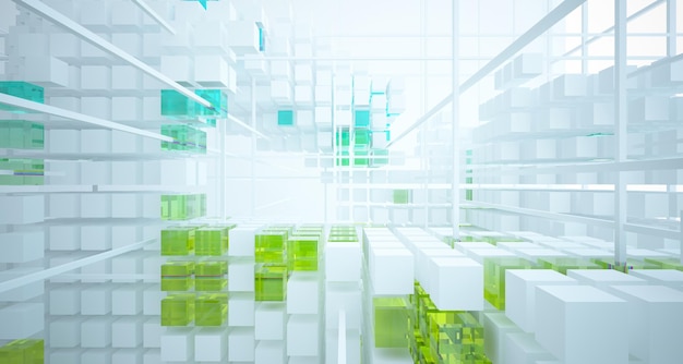 Abstract white and colored gradient glasses interior from an array of cubes with window 3D