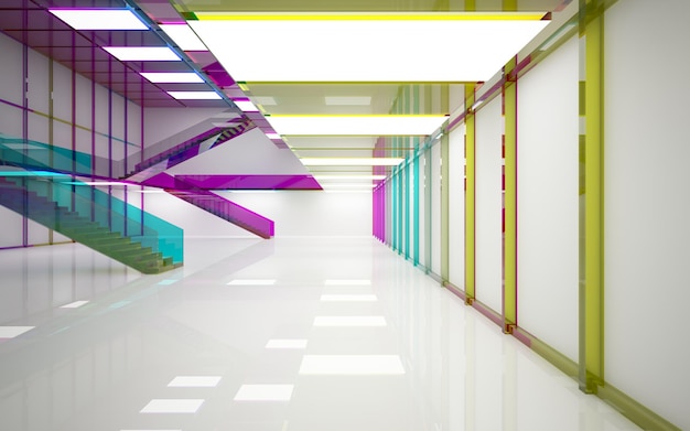 Photo abstract white and colored gradient glasses interior multilevel public space with window. 3d