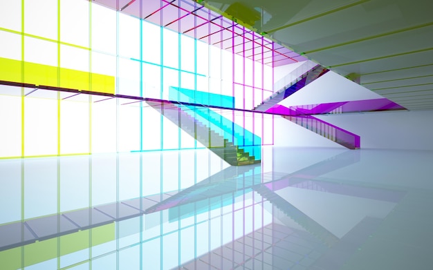 Abstract white and colored gradient glasses interior multilevel public space with window. 3D