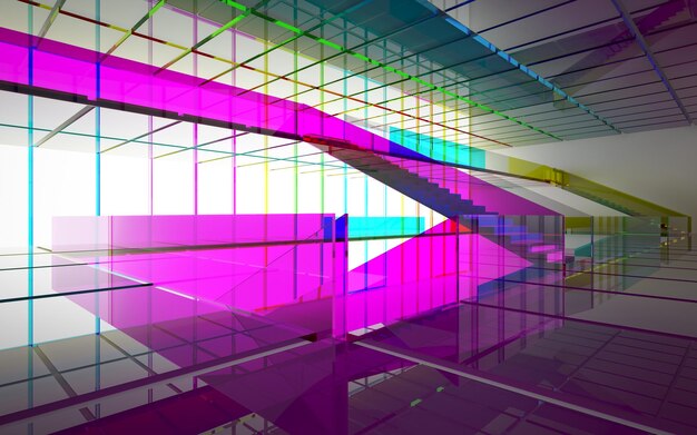 Abstract white and colored gradient glasses interior multilevel public space with window. 3D