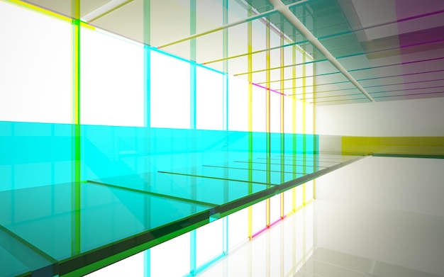 Abstract white and colored gradient glasses interior multilevel public space with window. 3D