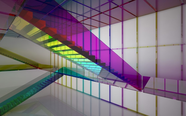 Abstract white and colored gradient glasses interior multilevel public space with window. 3D